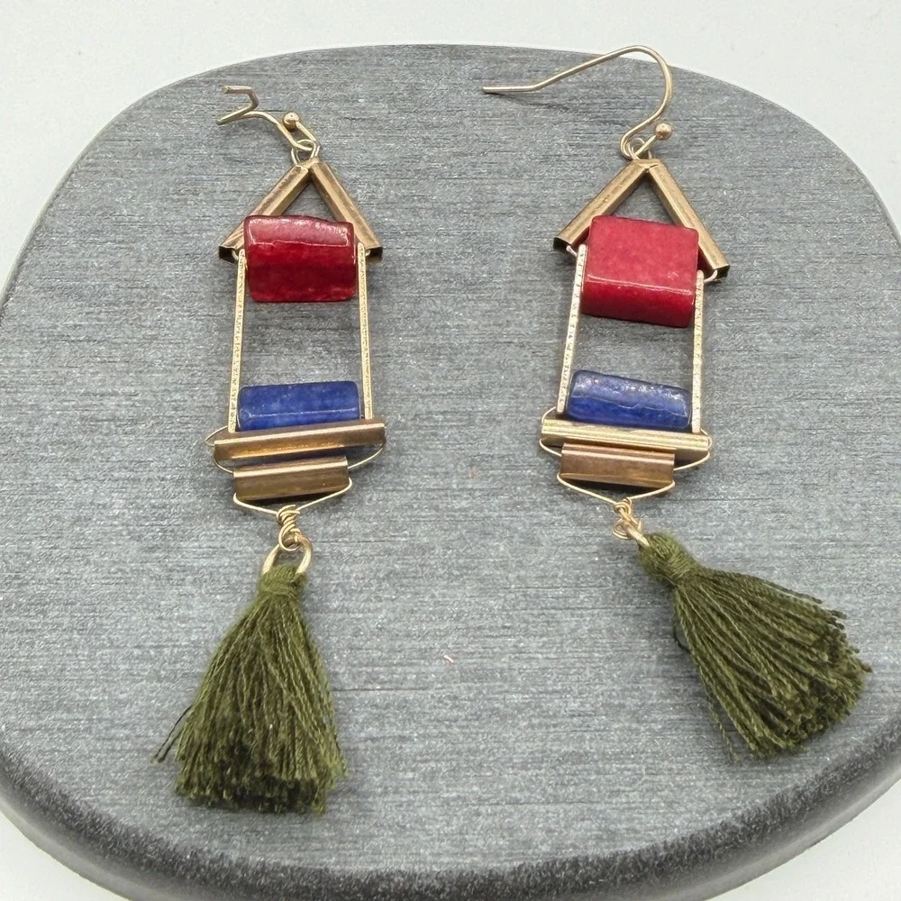 Gold Tone Red Blue Stone Olive Green Tassel Boho Geometric Dangle Earrings